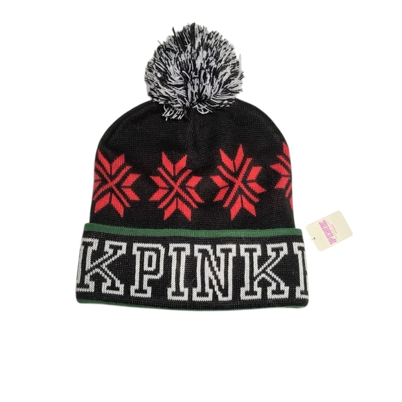PINK Victoria's Secret Accessories - PINK Victoria's Secret Black Winter Holiday Cozy Pom Pom Beanie, OS, NWT